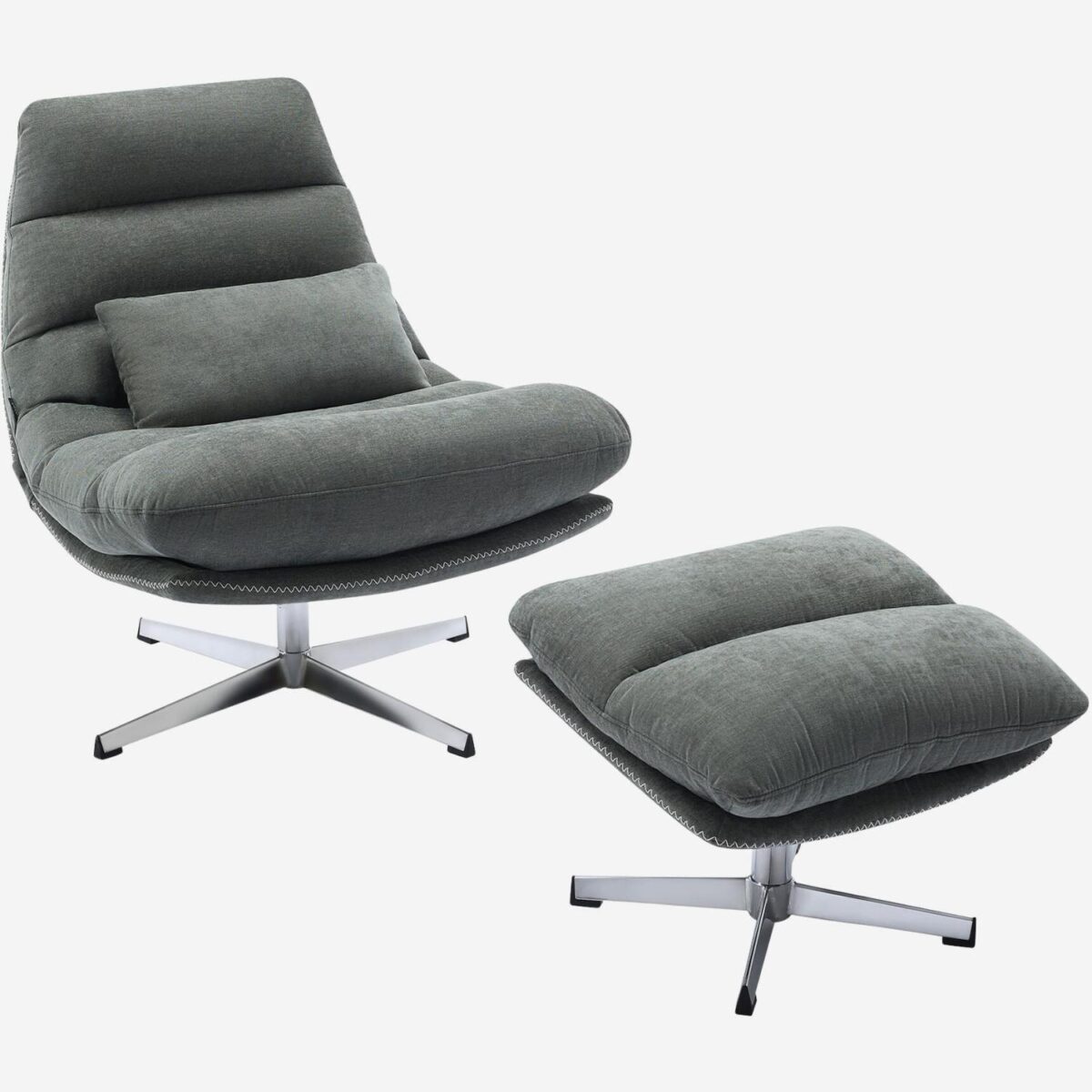 Oderzo Swivel armchair with fabric and chromed metal footrest - fir green - Image 3