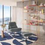 Oderzo Swivel armchair with fabric and chromed metal footrest - fir green - Image 7