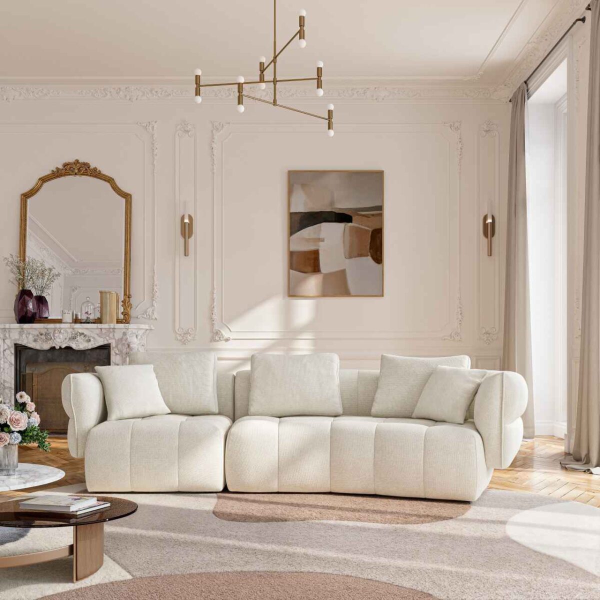 Kara 5-seater fabric sofa with feather filling - Iridescent white - Image 2