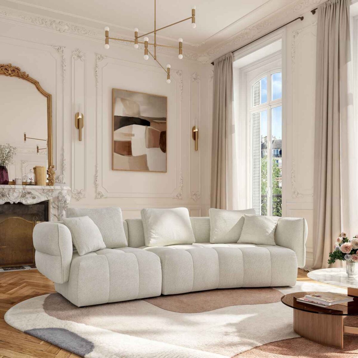 Kara 5-seater fabric sofa with feather filling - Iridescent white - Image 6