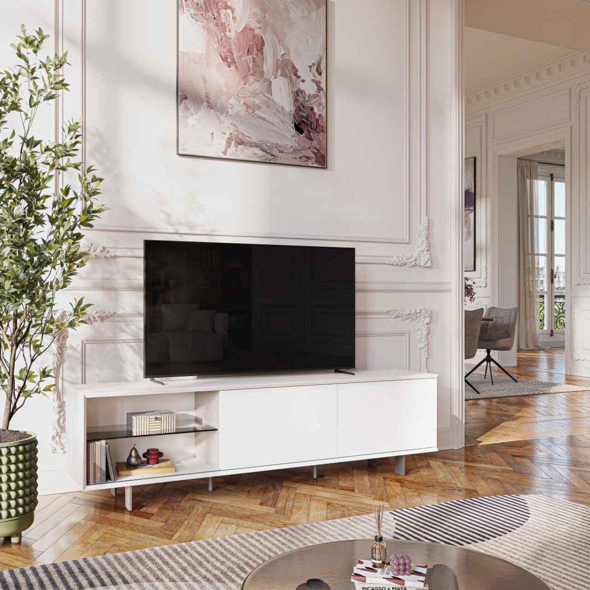 AGNES Έπιπλο τηλεόρασης με συρόμενες πόρτες και μεταλλικά πόδια - Λευκό polar - Image 3