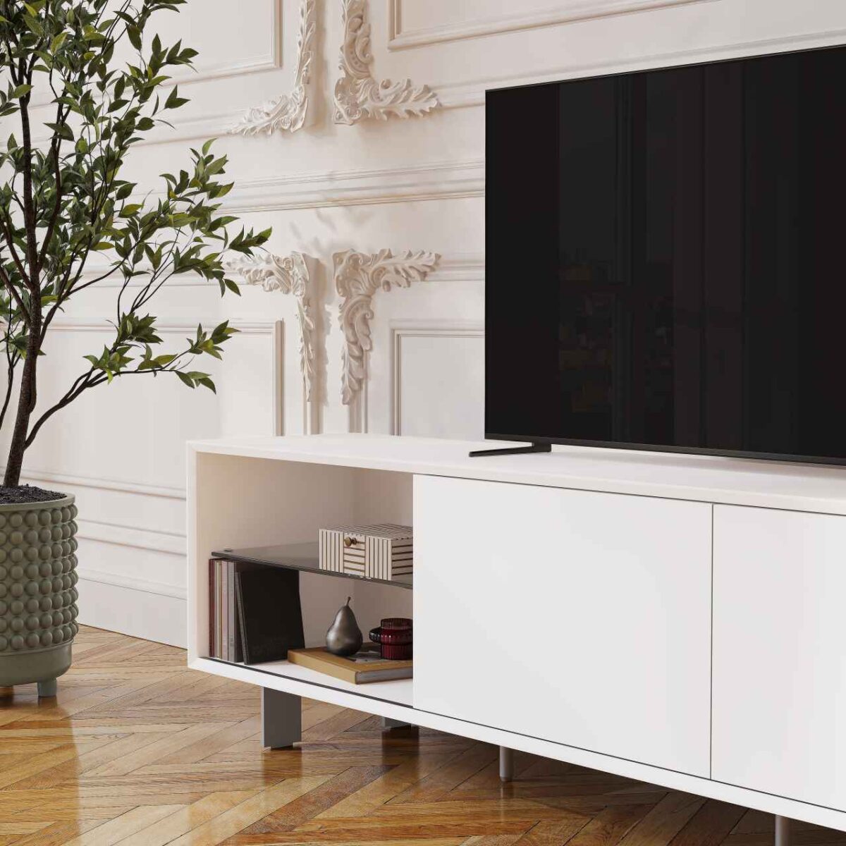 AGNES Έπιπλο τηλεόρασης με συρόμενες πόρτες και μεταλλικά πόδια - Λευκό polar - Image 6